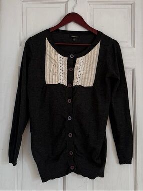 SHULAMI Women's Black Knit Crochet Bib Button Down Sweater Size L